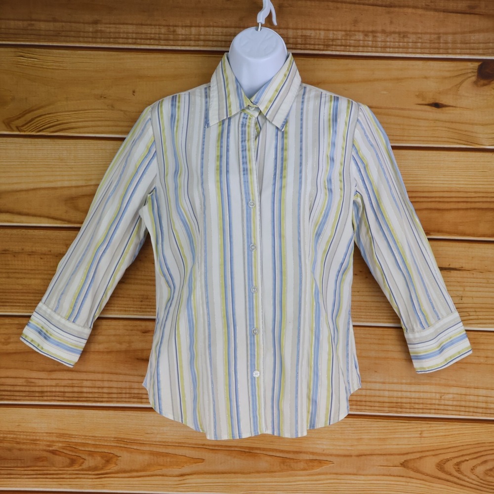 New York & Company Long Sleeve Button Up Shirt Womens M Colorful Striped Stretch